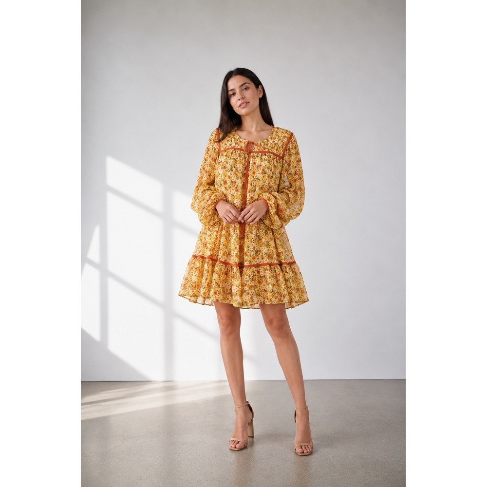 Floral long sleeves lose mini yellow dress women size 12
